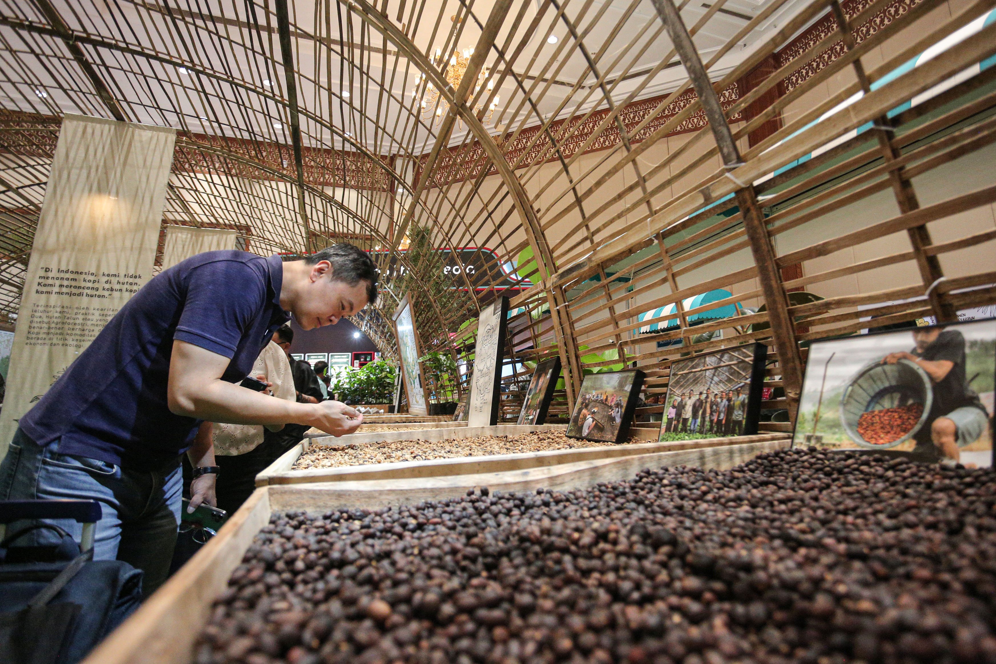 Pengunjung melihat biji kopi yang dihadirkan pada pameran World of Coffee Jakarta 2025 di Jakarta International Convention Center (JICC), Kamis (15/5/2025). Pameran yang pertama kali diadakan di Indonesia dan berlangsung hingga 17 Mei 2025 ini diikuti oleh lebih dari 400 merek kopi terkemuka yang menjadi wadah bagi pelaku industri, pemerintah dan para profesional kopi global dalam menemukan peluang bisnis di industri tersebut.