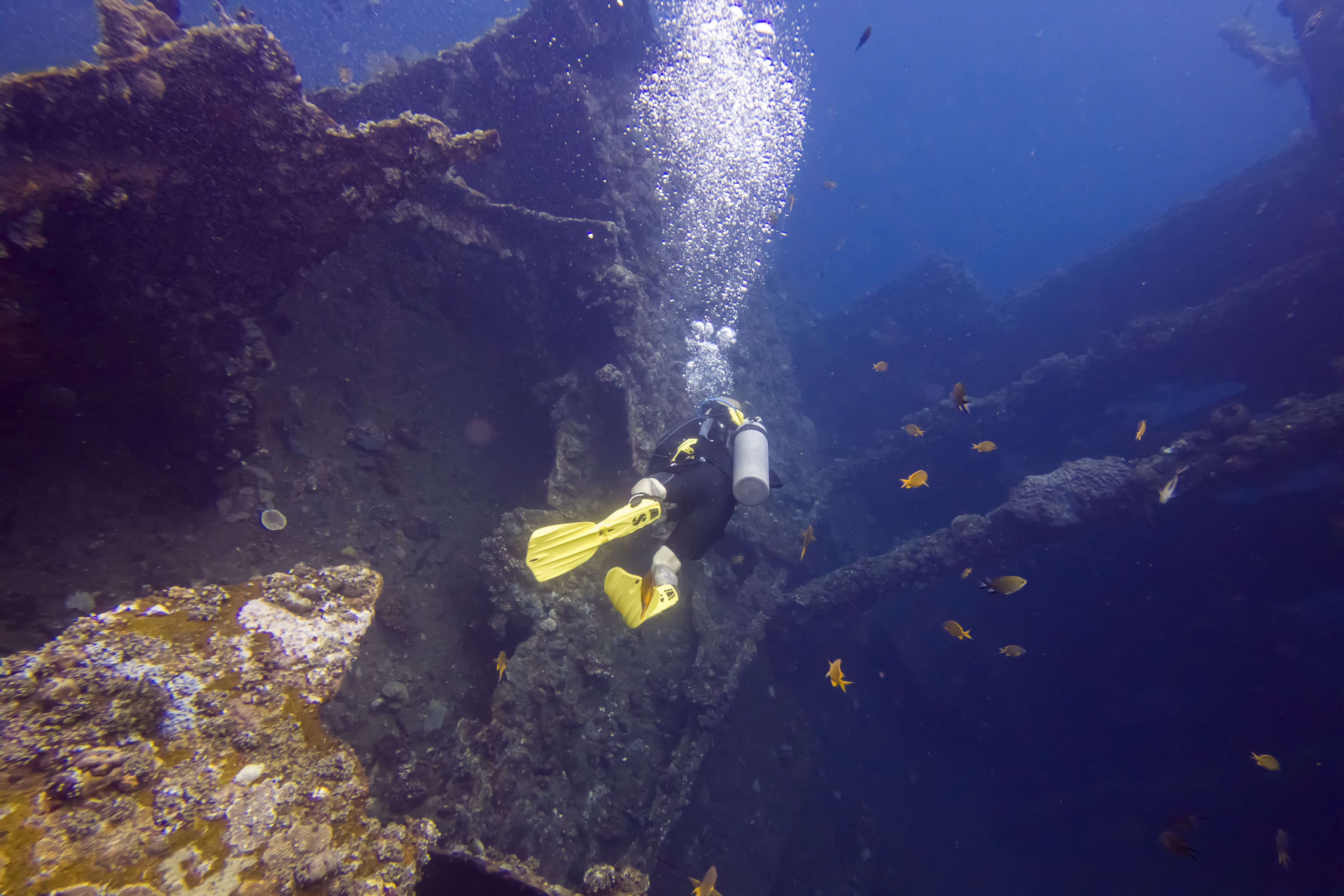 Wisatawan melakukan penyelaman di area Kapal Karam USAT Liberty Amerika Serikat, di Perairan Laut Tulamben, Desa Tulamben, Kubu, Karangasem, Bali.