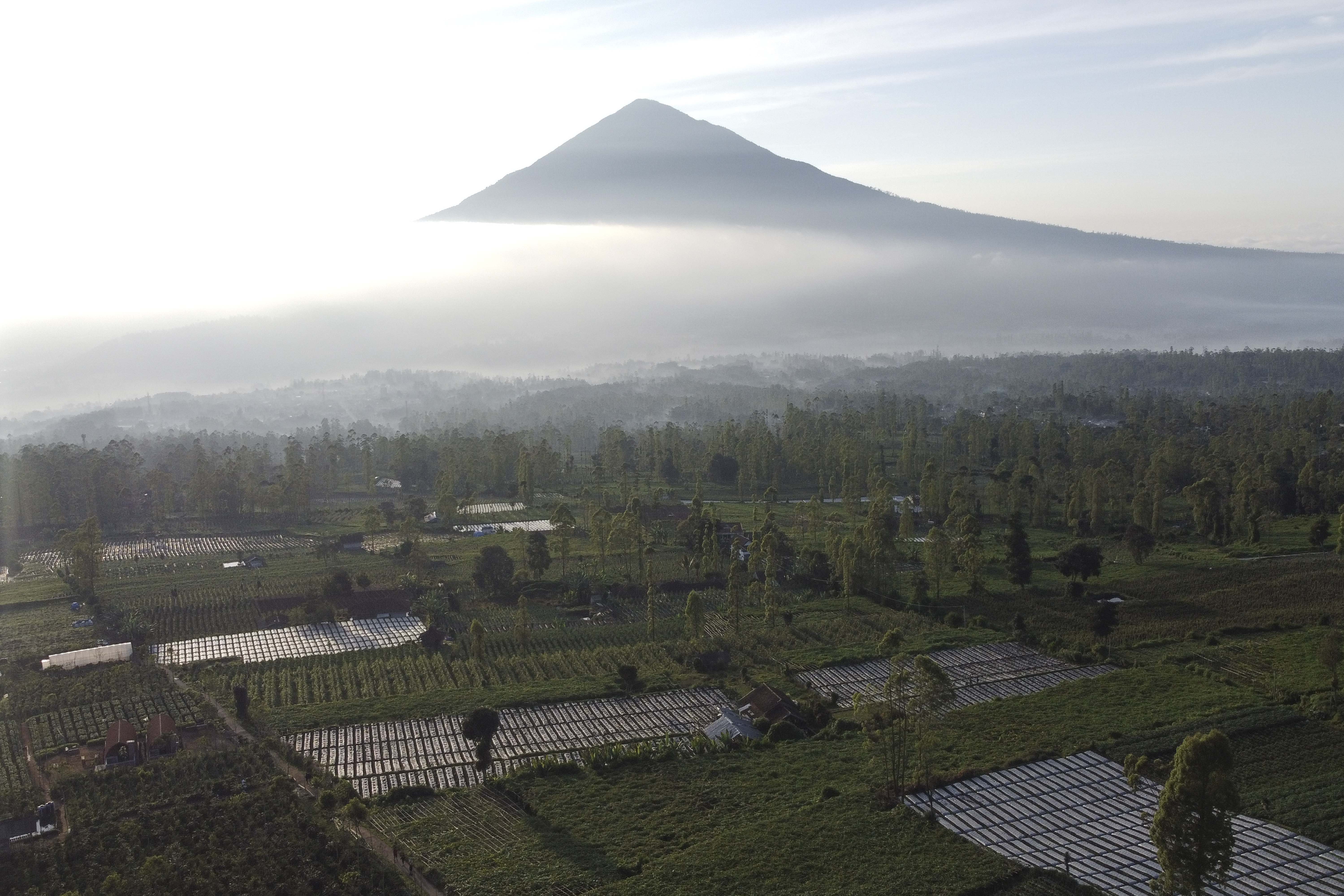 Foto udara lahan pertanian yang ditanami kentang di Desa Karamatwangi, Kecamatan Cisurupan, Kabupaten Garut, Jawa Barat.