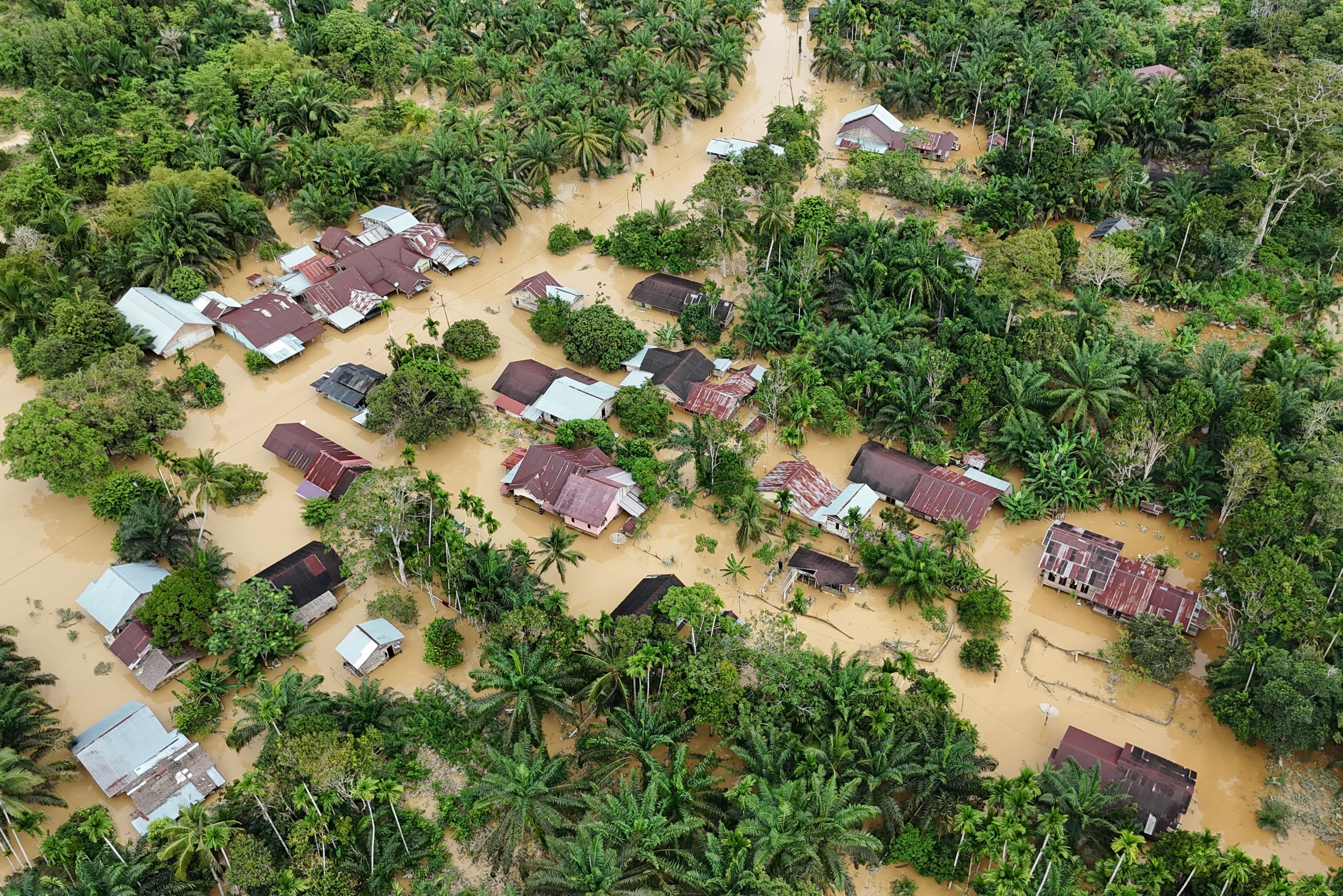 Foto udara permukiman penduduk yang terisolasi akibat banjir di Desa Napai, Woyla Barat, Aceh Barat, Aceh, Jumat (28/11/2025). Data Pusdalops BPBD Aceh Barat mencatat bencana banjir yang disebabkan tingginya intensitas hujan dan meluapnya sungai krueng Woyla dan sungai Meureubo terus meluas dari 58 desa terendam menjadi 64 desa yang tersebar di 10 Kecamatan dengan rincian 3.725 kepala keluarga atau 7.418 terdampak. 