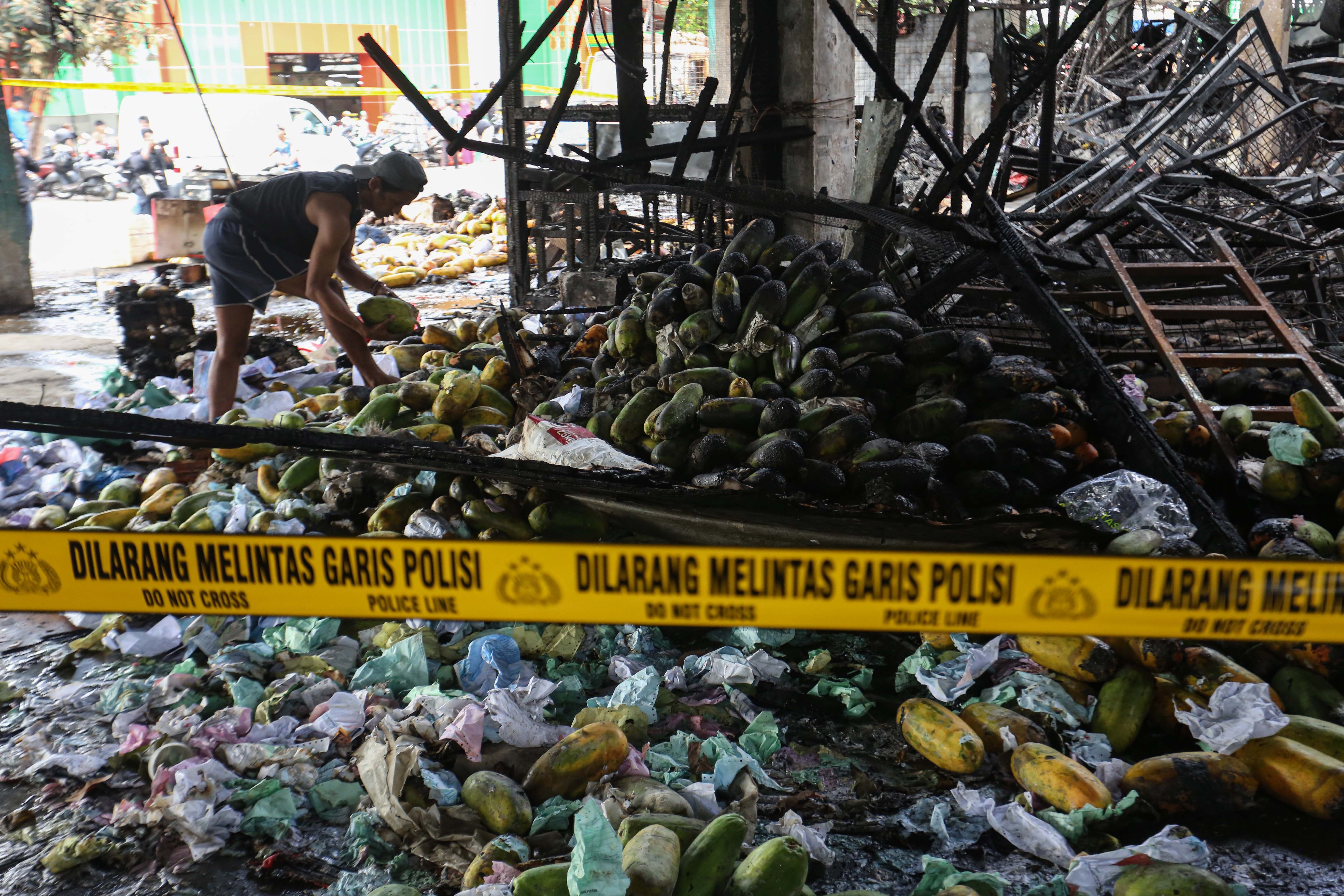 Pedagang mengumpulkan buah pepaya usai kios tempat berjualannya terbakar di Pasar Induk Kramat Jati, Jakarta Timur, Senin (15/12/2025). Kebakaran yang diduga akibat korsleting listrik tersebut menyebabkan 350 kios pedagang hangus terbakar dengan kerugian mencapai Rp10 miliar.