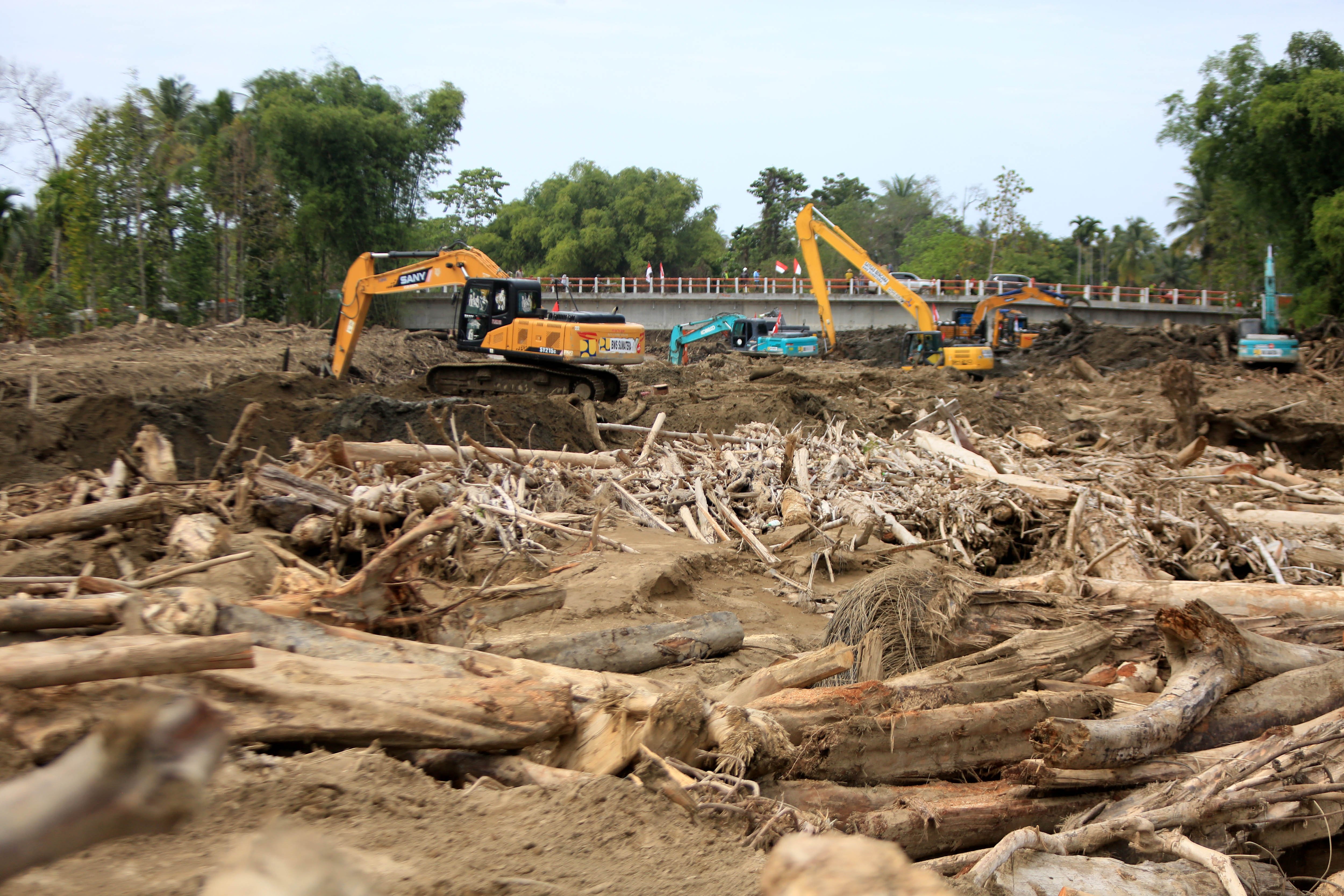 Pekerja menggunakan eskavator mengangkat kayu gelondongan yang menumpuk di daerah aliran sungai pascabanjir bandang di Desa Blang Cut, Kecamatan Meurah Dua, Kabupaten Pidie Jaya, Aceh, Selasa (30/12/2025). Pemerintah mengerahkan sejumlah eskavator untuk membersihkan kayu gelondongan dan lumpur dalam rangka normalisasi sungai dan percepatan pemulihan daerah yang terdampak bencana alam banjir bandang dan longsor di beberapa wilayah provinsi Aceh. 