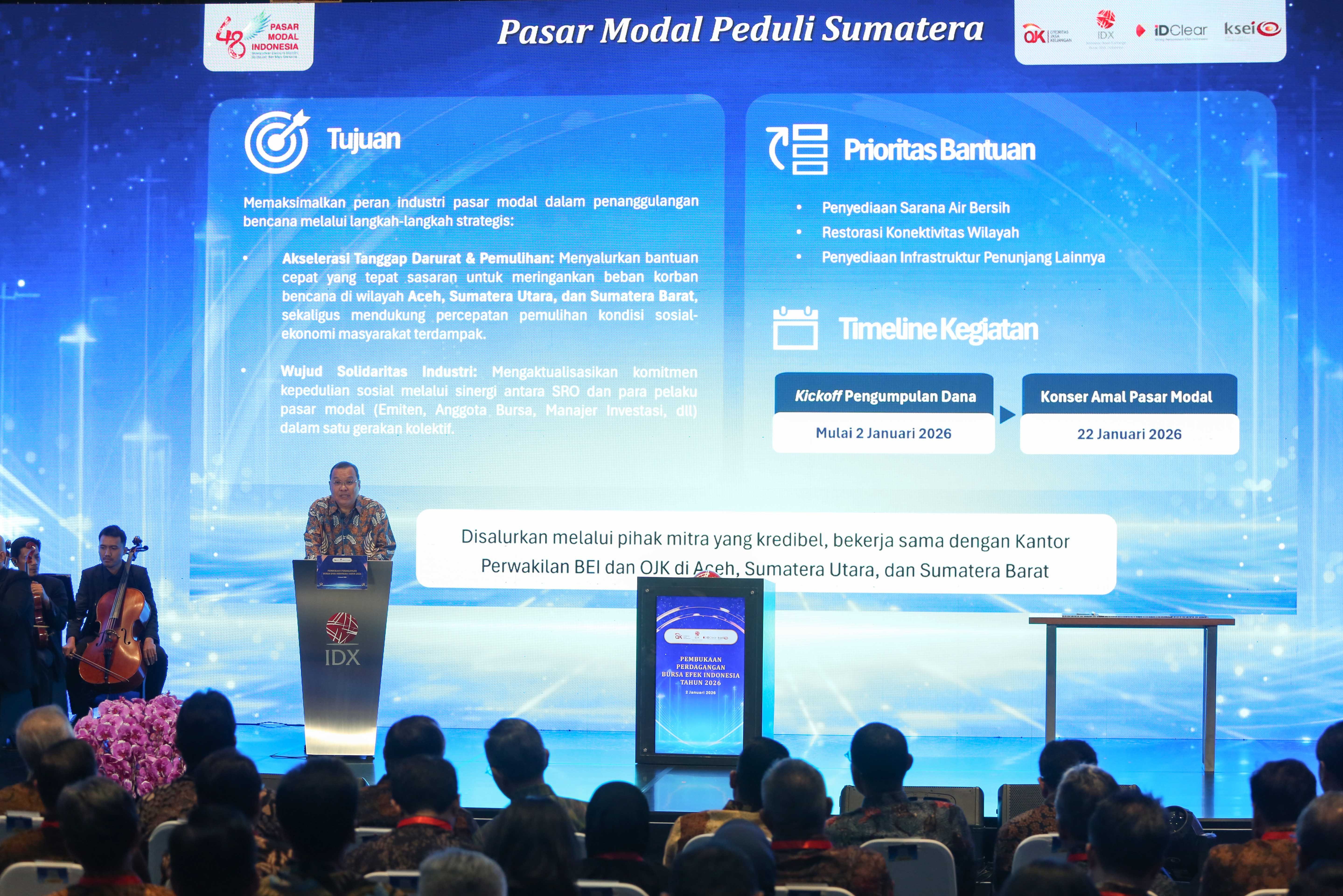 Direktur Utama Bursa Efek Indonesia (BEI) Iman Rachman menyampaikan sambutan saat pembukaan perdagangan tahun 2026 di Bursa Efek Indonesia, Jakarta, Jumat (2/1/2026). Indeks Harga Saham Gabungan (IHSG) membuka tahun 2026 di zona hijau, menguat 0,34% di level 8.676 dengan sepuluh menit perdagangan pertama nilai transaksi saham telah mencapai lebih dari Rp 2,5 triliun.