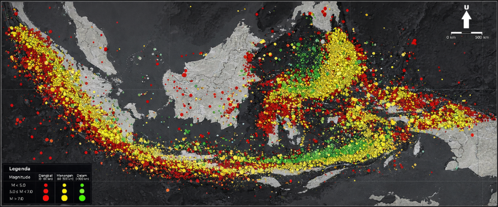 Sebaran seismisitas di Indonesia periode 2009-2025 - sumber: BMKG (2026); divisualisasikan oleh Nugroho Purwono