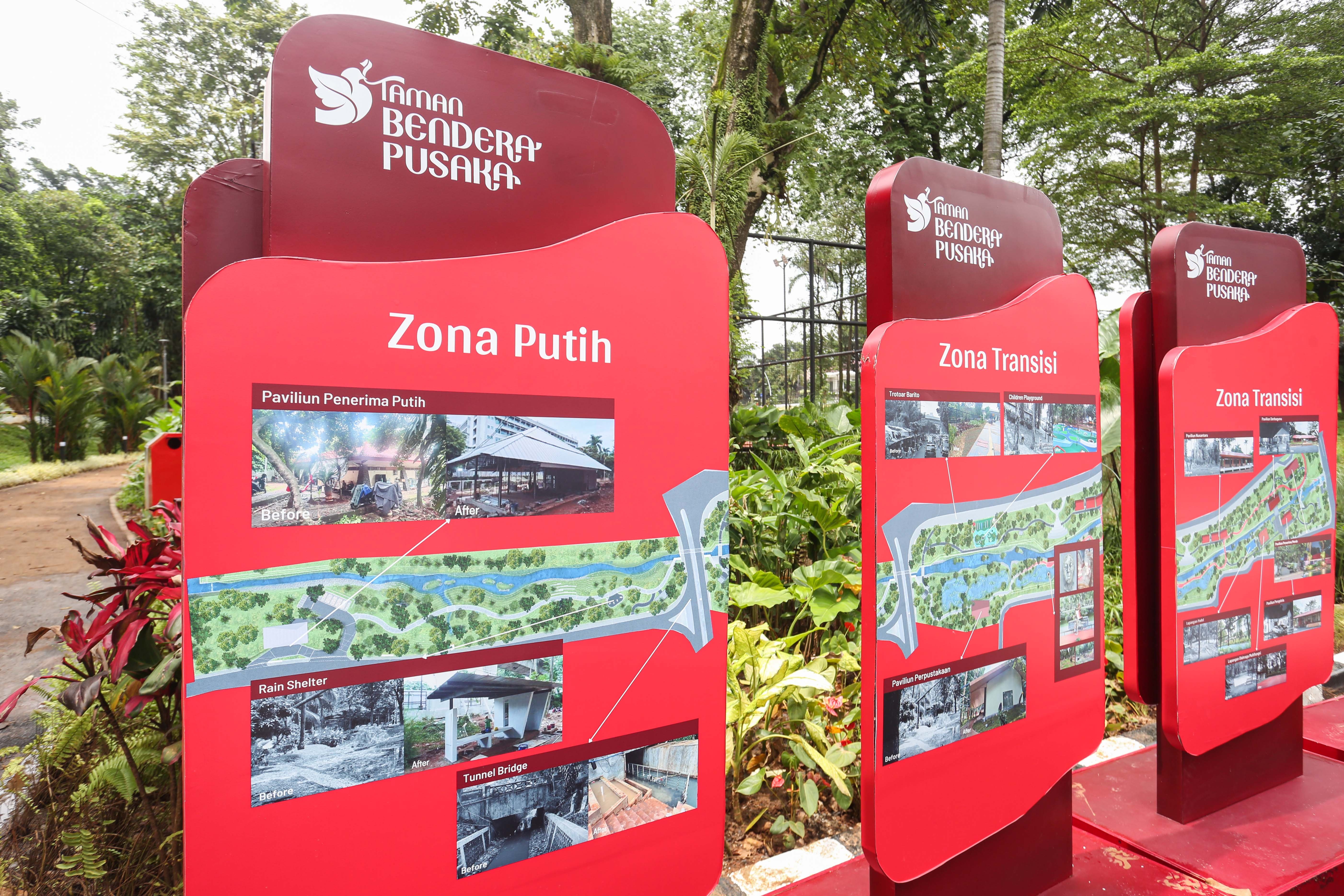 Zona yang terdapat di area Taman Bendera Pusaka yang tengah dibangun di Jakarta Selatan, Rabu (18/2/2026). Taman seluas 5,6 hektare yang menggabungkan tiga taman, yakni Taman Langsat, Taman Ayodya dan Taman Leuser ini prosesnya telah mencapai 92 persen dan dijadwalkan akan dibuka paling lambat pada Maret 2026.