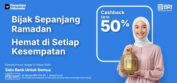 BRI menghadirkan Promo Spesial Ramadan dengan beragam diskon dan cashback hingga 50 persen untuk transaksi menggunakan BRI Debit, Kartu Kredit, dan BR