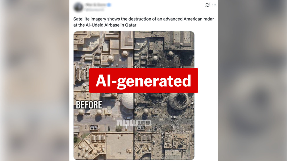 Gambar itu bukan dari Pangkalan Udara Al Udeid, sementara kerusakan yang ditampilkan tampaknya dihasilkan oleh AI.