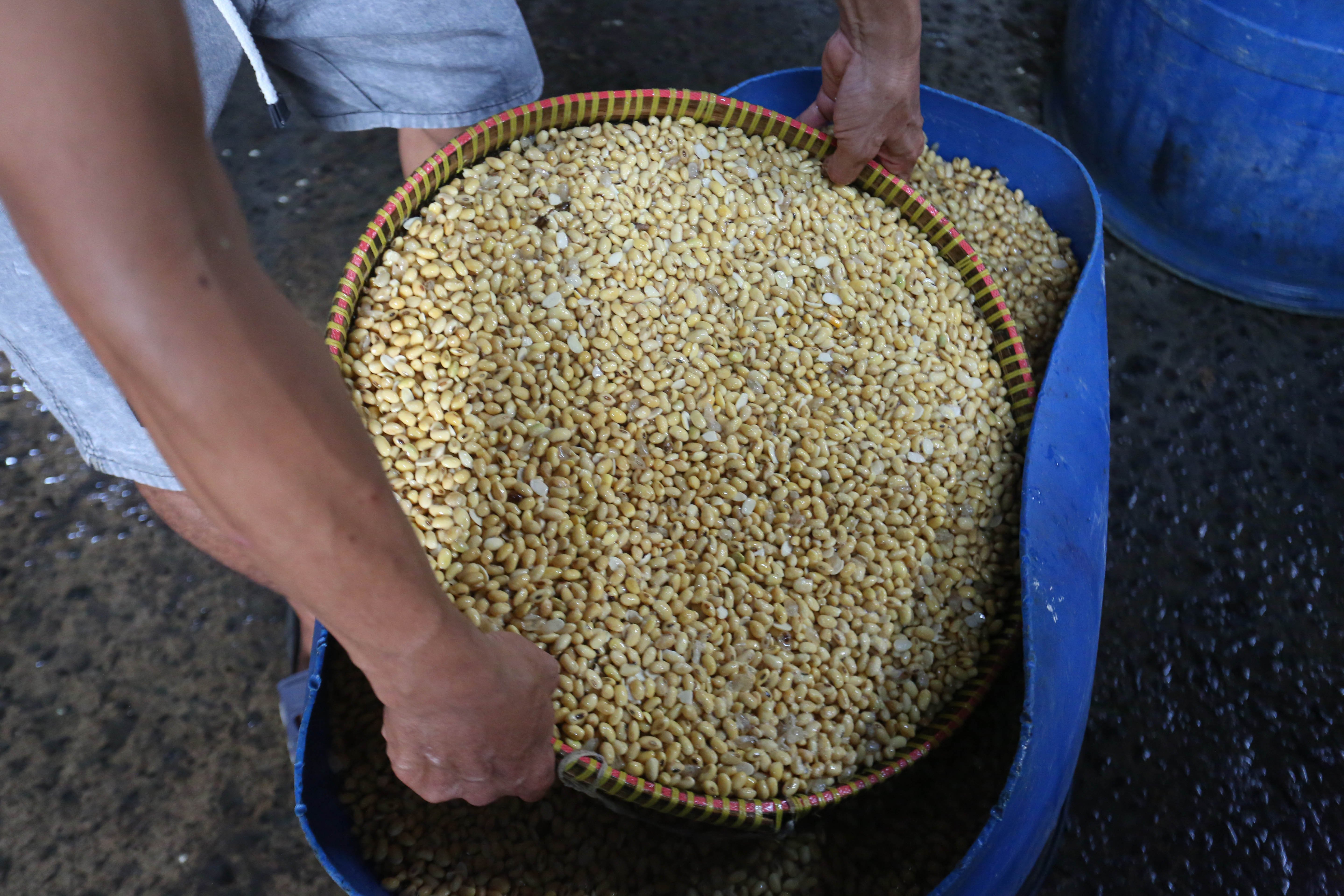 Pekerja menyiapkan kedelai yang akan digunakan untuk membuat tahu di rumah produksi tahu kawasan Duren Tiga, Jakarta, Senin (13/4/2026). Kenaikan harga kedelai dari Rp 8.600 hingga Rp 11.000 per kilogramnya membuat pengrajin mengurangi ukuran tahu guna mencegah kenaikan harga jual ke pasar sehingga daya beli konsumen dapat terjaga..