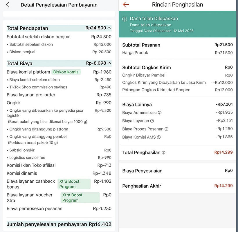 Tangkapan layar uang yang diterima seller dari TikTok Shop (kiri) dan Shopee (kanan)