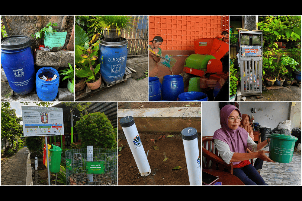 (ki-ka) Kolase ini menampilkan tong drop point, komposter, TPS3R, rak sampah botol plastik, bioreaktor kompos, Losida, dan ember hijau sebagai bagian