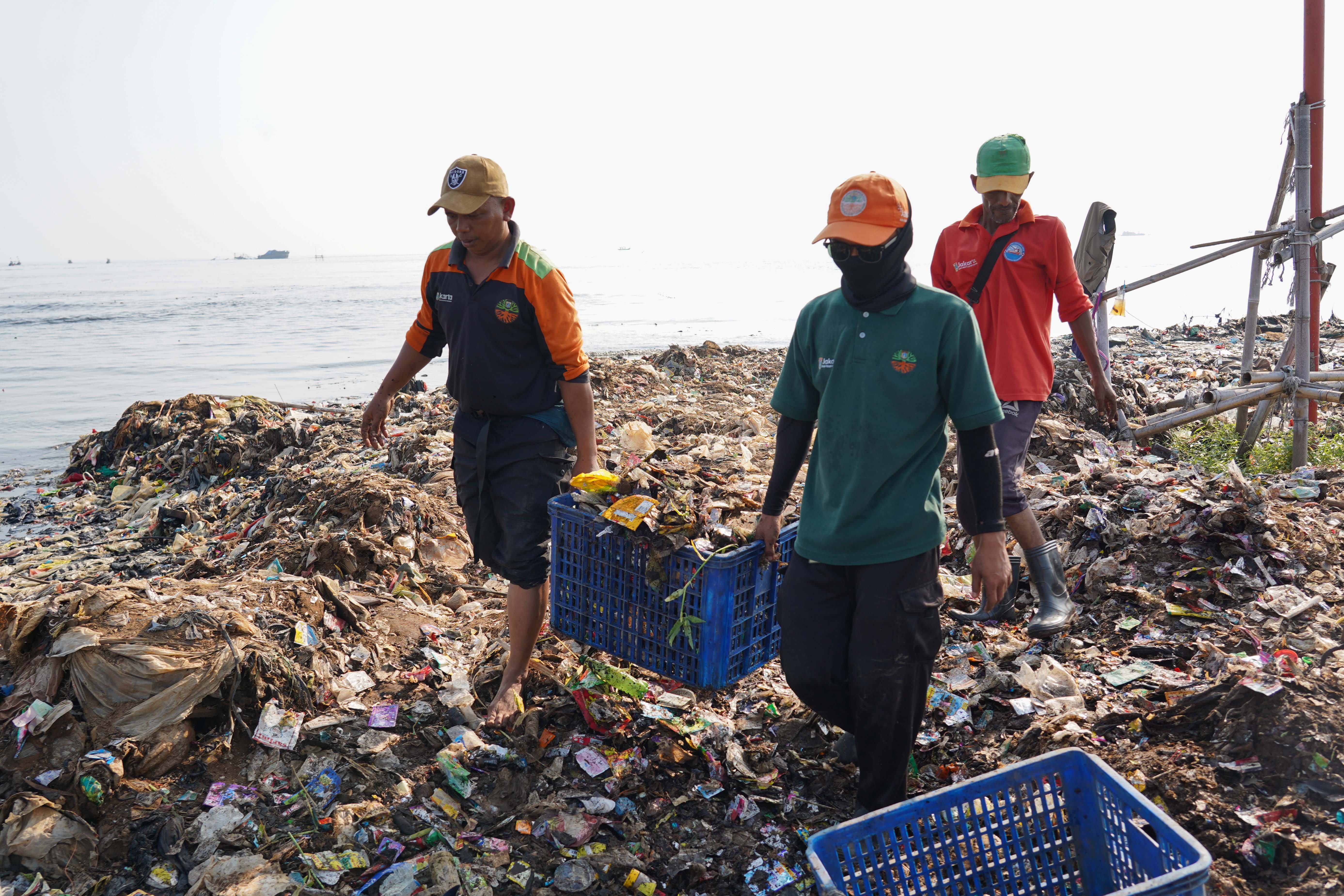 Petugas Suku Dinas Lingkungan Hidup Jakarta Utara mengangkut sampah yang menumpuk di pesisir laut kawasan Muara Angke, Jakarta Utara, Senin (8/6/2026). Pembersihan tersebut dilakukan guna menagani sampah agar tidak mencemari lingkungan laut dan kawasan di sekitarnya serta menggangu aktivitas nelayan.
