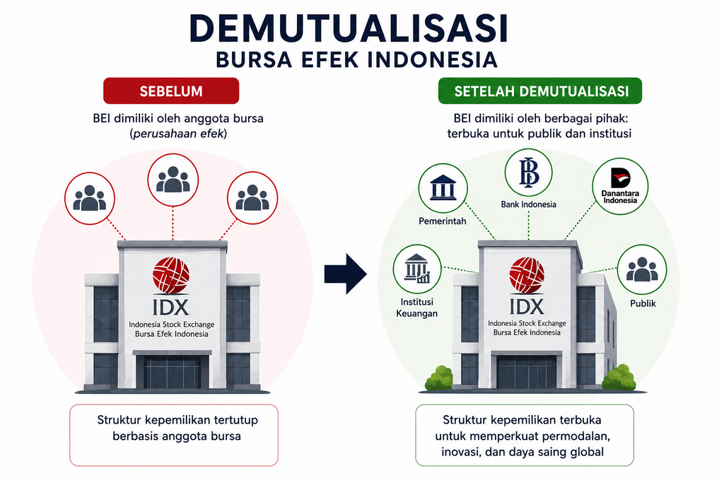 Ilustrasi demutualisasi Bursa Efek Indonesia pascarevisi UU P2SK.