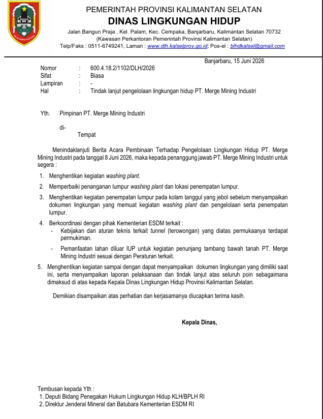 Surat DLH Sulsel kepada PT MMI terkait jebolnya kolam limbah