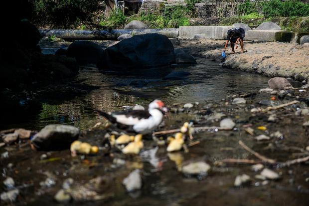Warga mengambil sampah di aliran Sungai Cikapundung yang menyusut di Hegarmanah, Bandung, Jawa Barat, Selasa (21/7/2026). Badan Metereologi, Klimataologi dan Geofisika (BMKG) mencatat, puncak musim kemarau di Bandung diprediksi terjadi pada Agustus hingga September 2026 yang memicu status siaga darurat yang membuat 13 kecamatan di Kota Bandung berpotensi terdampak kekeringan dan krisis air bersih.
