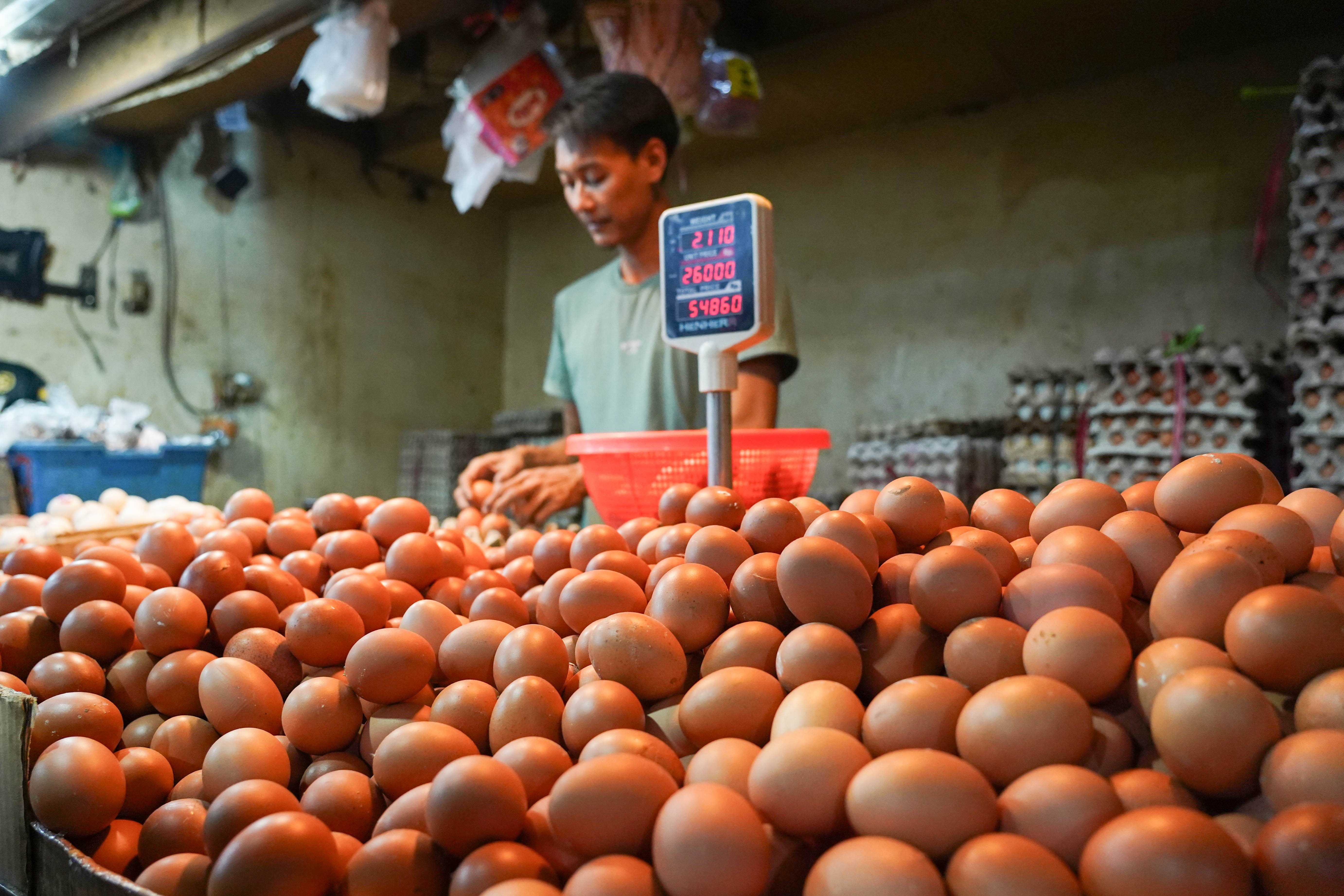 Pedagang menata telur yang dijual di Pasar Kebayoran Lama, Jakarta, Kamis (23/7/2026). Berdasarkan keterangan pedagang, seiring dengan naiknya permintaan dari konsumen harga telur ayam kembali stabil Rp 26 ribu dari sebelumnya Rp 23 ribu per kilogram.