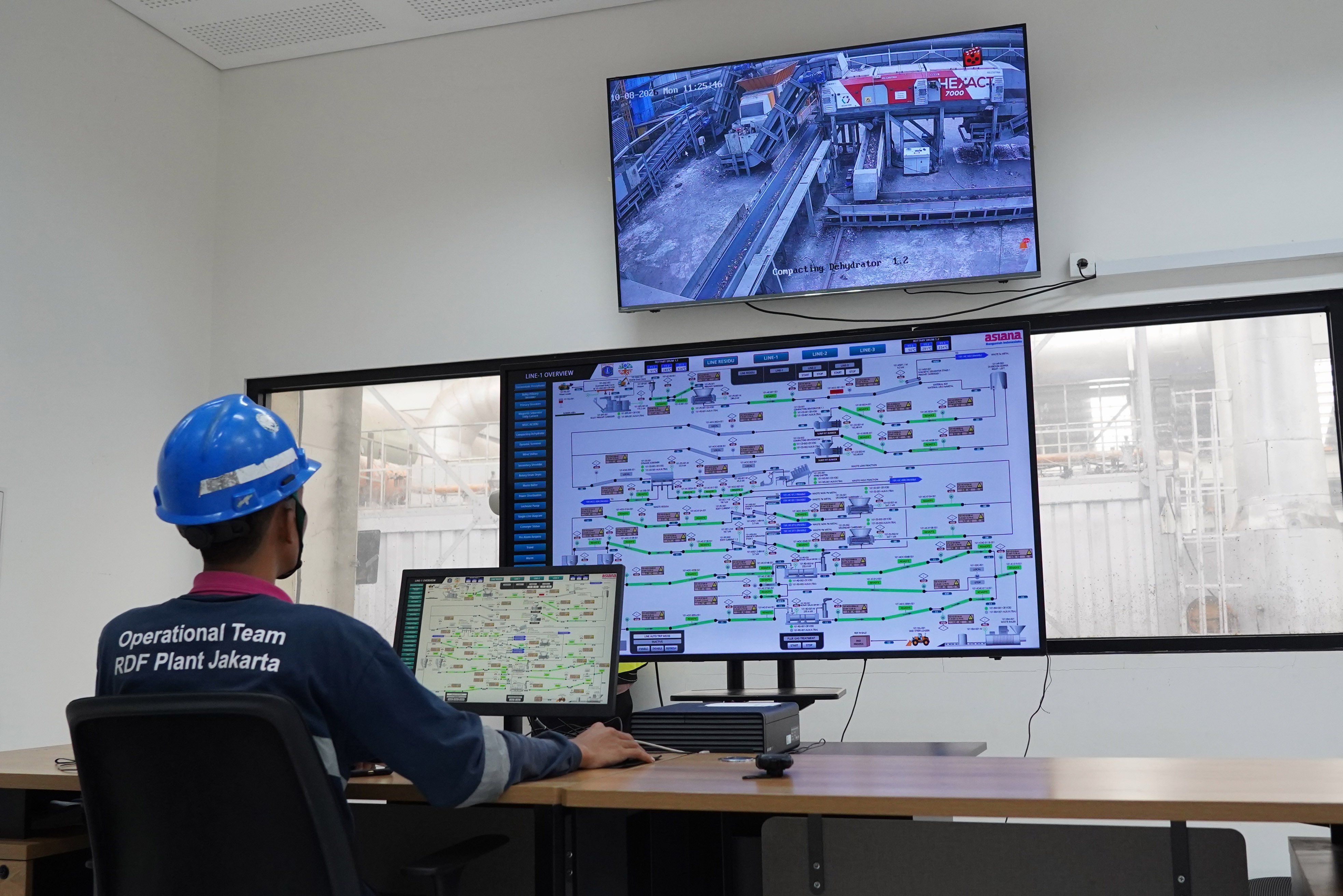 Pekerja memantau proses pengolahan sampah melalui ruang kontrol di Refuse Derived Fuel (RDF) Plant Rorotan, Jakarta Utara, Senin (10/8/2026). Fasilitas pengolahan sampah yang mampu mengolah 2.500 ton sampah organik dan anorganik yang sudah dipilah ini dapat menghasilkan produk berupa RDF sebanyak 875 ton per harinya untuk digunakan sebagai bahan bakar alternatif atau sumber energi terbarukan.