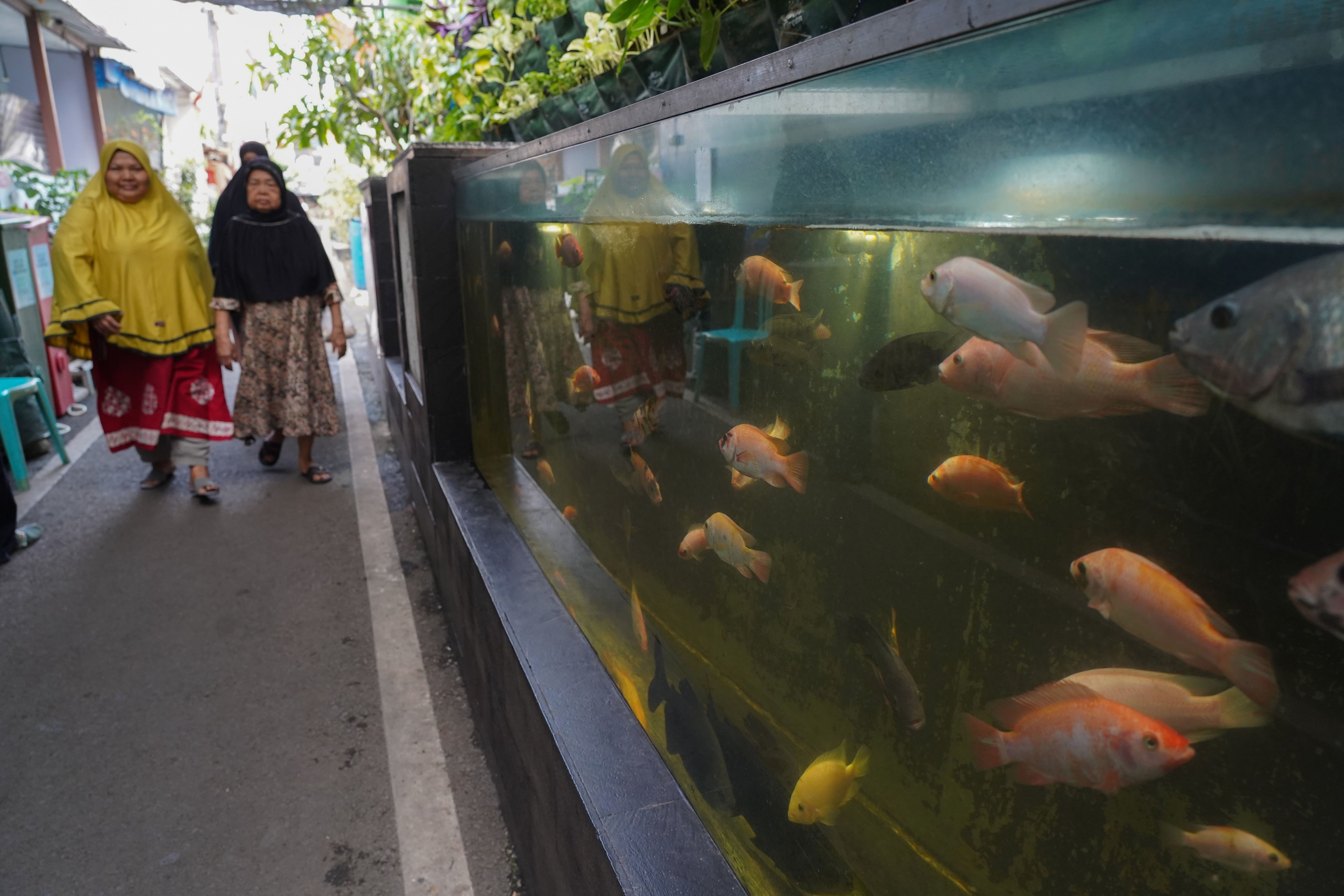 Warga berjalan di dekat kolam hias di kawasan Jalan Nusa Indah IV Gang 8, RT.08/RW.04, Malaka Jaya, Duren Sawit, Jakarta Timur.