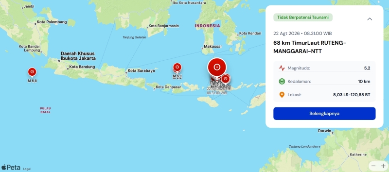 Data Gempa di atas Magnitudo 5, Sabtu (22/8)