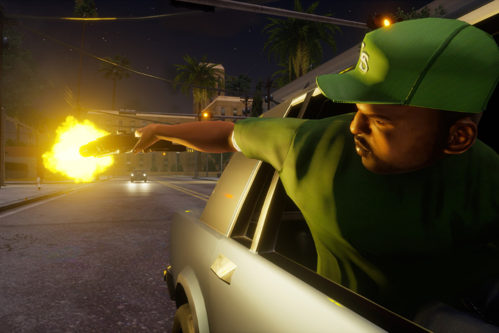 Cuplikan aksi menembak dari dalam kendaraan dalam gameplay GTA San Andreas PS2.