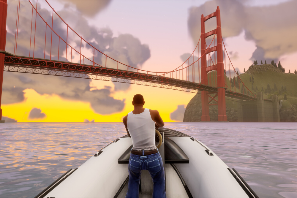 Cuplikan karakter mengendarai kendaraan dalam gameplay GTA San Andreas PS2.