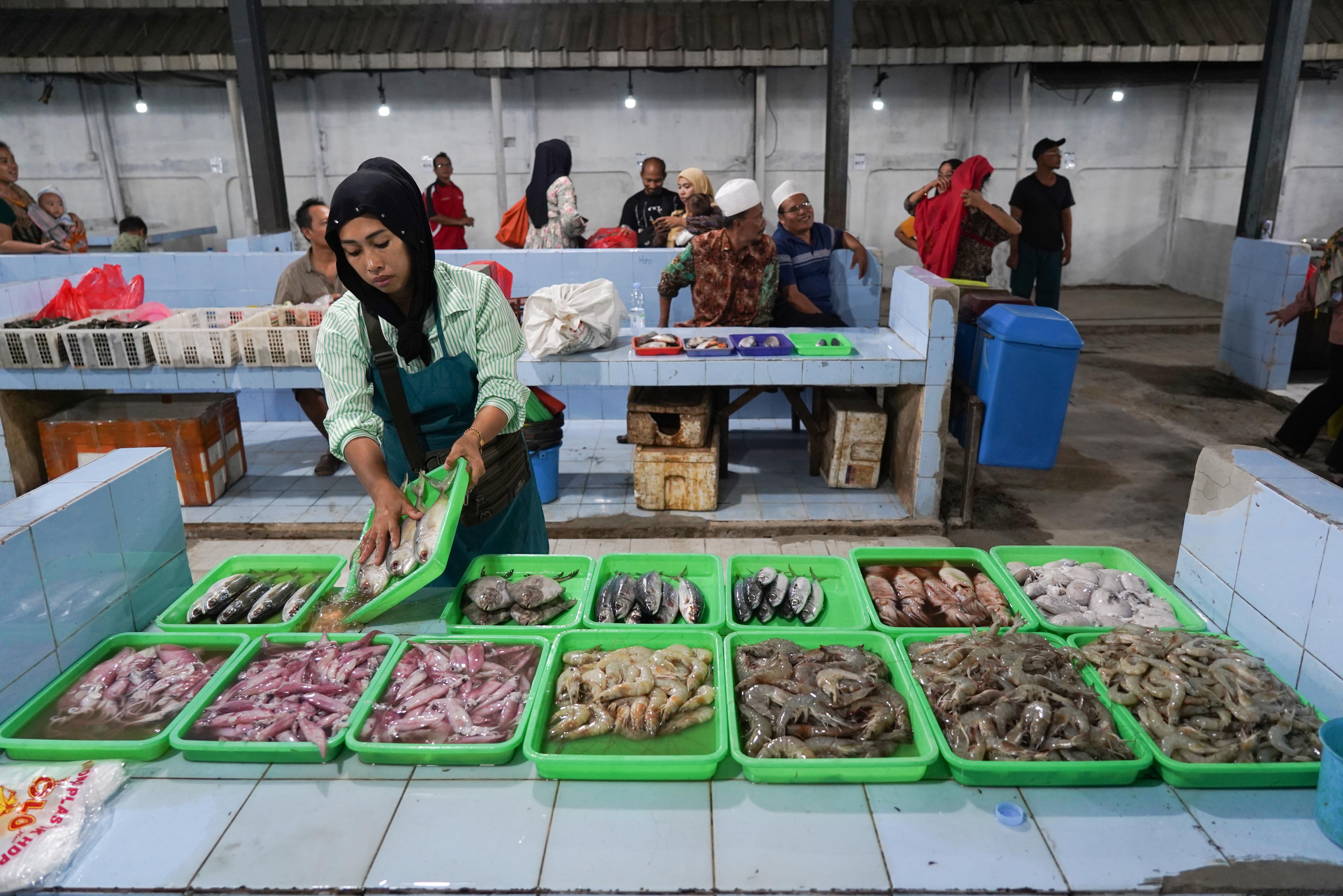 Pedagang menyiapkan ikan yang dijual di Lokasi Binaan (Lokbin) Pasar Ikan, Kramat Jati, Jakarta Timur, Selasa (1/9/2026). Pemprov DKI Jakarta merelokasi 614 pedagang yang berjualan di area jalan sekitar Pasar Kramat Jati ke lokasi binaan yang berada di samping Mal Lippo Plaza guna menata kawasan tersebut agar menjadi lebih rapi dan mengembalikan fungsi jalan serta trotoar untuk pejalan kaki.