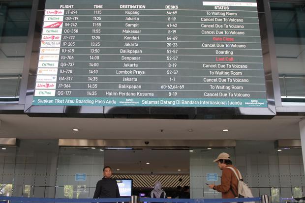 Calon penumpang berjalan di bawah layar informasi penerbangan di Terminal 1 Bandara Internasional Juanda Surabaya di Sidoarjo, Jawa Timur, Minggu (6/9/2026). Pengelola Bandara Internasional Juanda menyatakan sebanyak 42 penerbangan di Bandara Internasional Juanda dibatalkan akibat aktivitas erupsi Gunung Anak Gunung Krakatau.