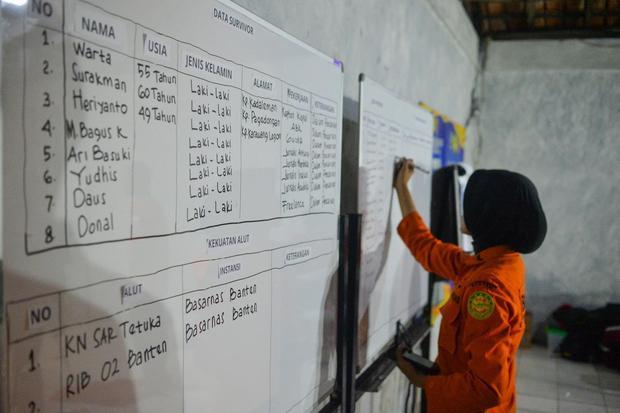 Personel Basarnas Banten menuliskan data penumpang kapal yang hilang kontak di Posko SAR Nasional, Pandeglang, Banten, Selasa (8/9/2026). Basarnas menggelar operasi pencarian sebuah kapal cepat yang membawa rombongan jurnalis termasuk pewarta foto LKBN Antara yang dilaporkan hilang kontak di perairan Selat Sunda saat meliput erupsi Gunung Anak Krakatau.