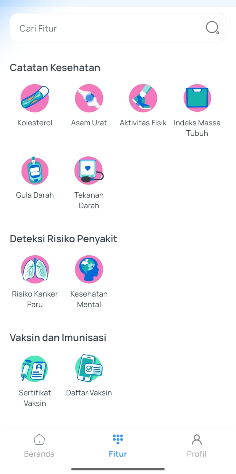 Berbagai fitur di aplikasi SATUSEHAT Mobile, termasuk fitur “Kesehatan Mental”.