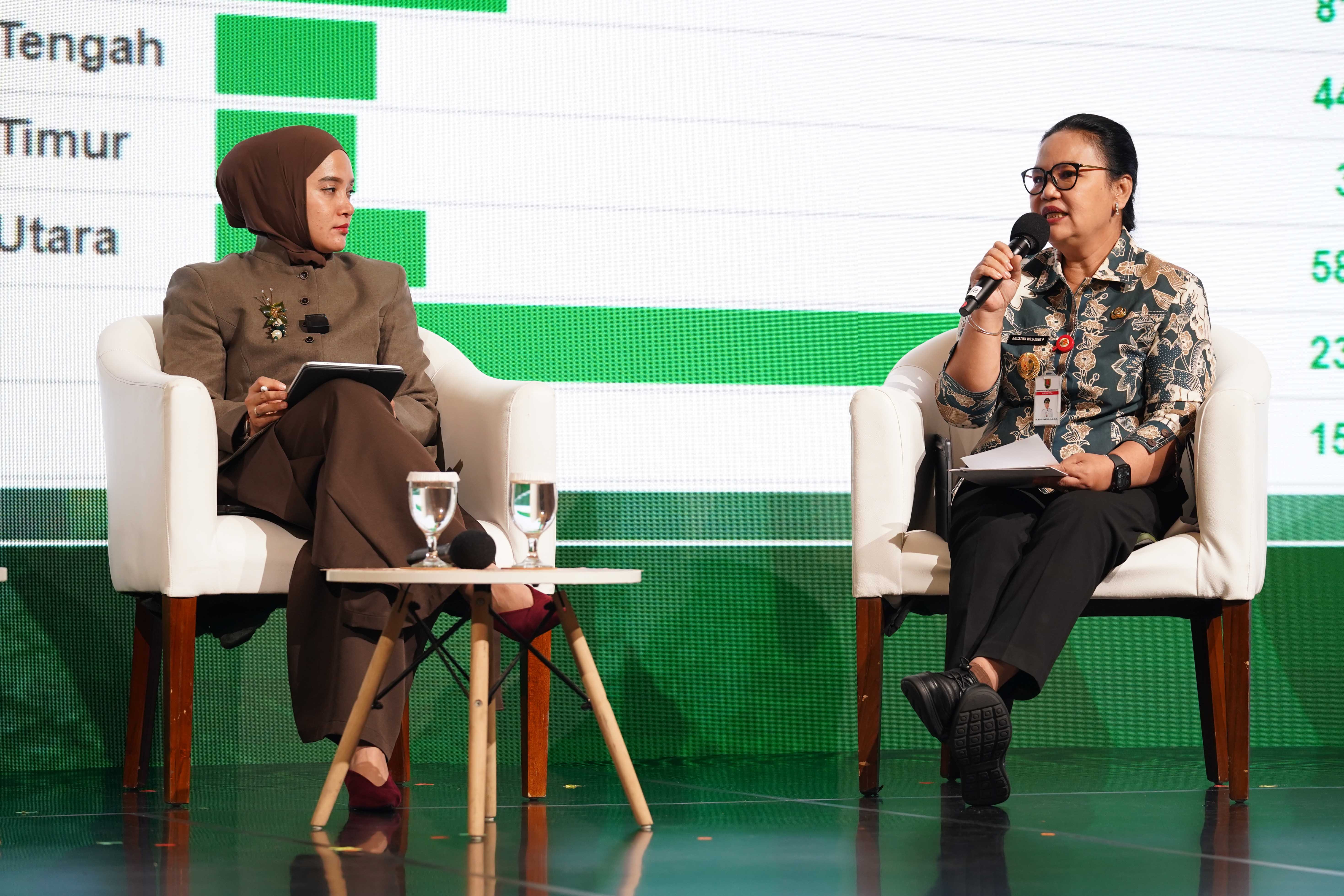 Wali Kota Semarang, Agustina Wilujeng Pramestuti (kanan) bersama Vice President Research and Product Development PT IDSurvey (Persero), Annisa Ayu Soraya menyampaikan paparan pada Katadata Sustainability Action for the Future Economy (SAFE) 2026 di Sudirman Hall, Sequis Tower, Jakarta, Rabu (16/9/2026). Mengusung tema “The Green Changer”, forum ini diharapkan dapat mendorong terwujudnya langkah nyata dalam mempercepat pertumbuhan ekonomi yang lebih berkelanjutan dan berdaya saing.