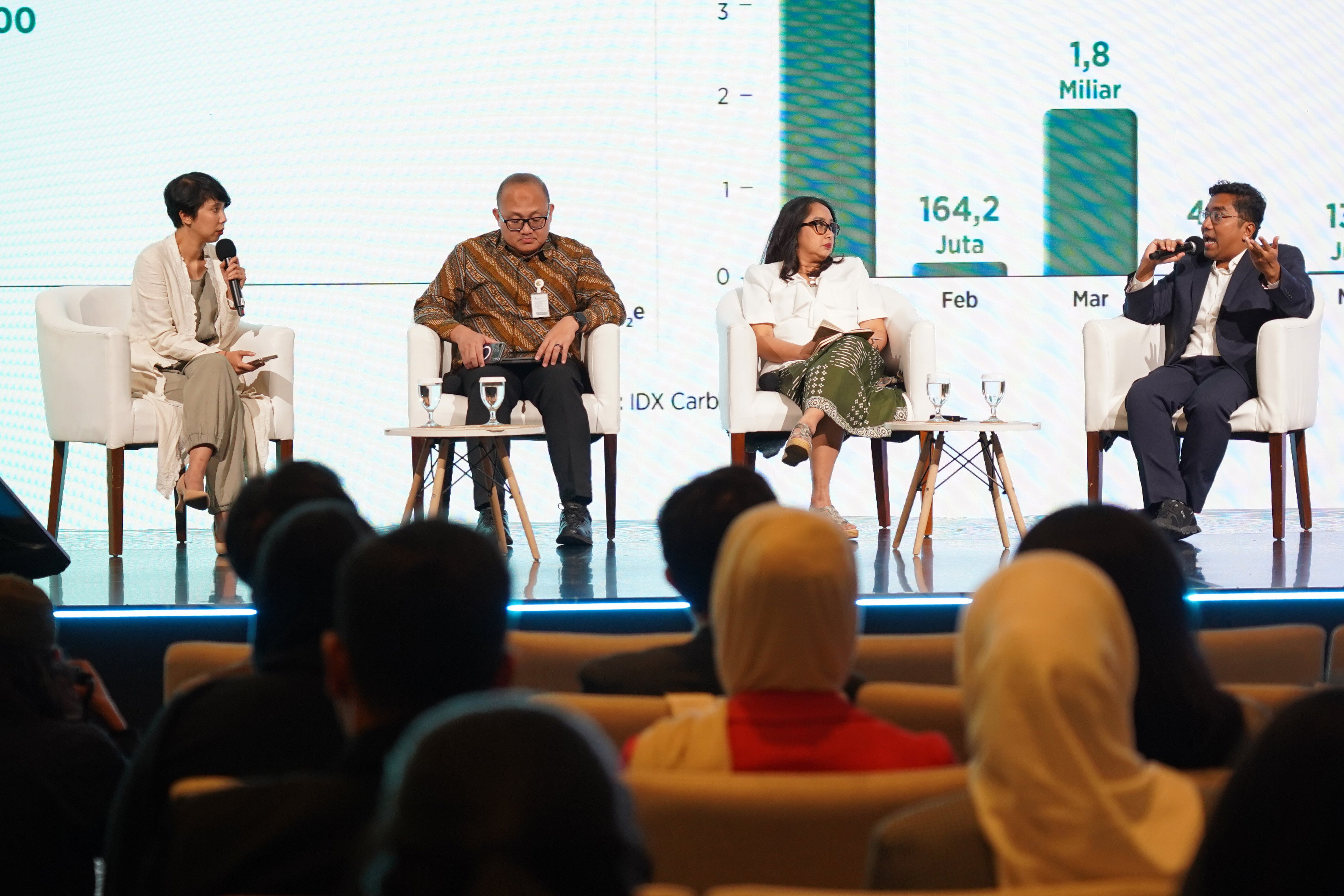 Penasihat Utama Menteri Kehutanan, Edo Mahendra (kanan), Executive Director Yayasan MADANI Berkelanjutan, Nadia Hadad (kedua kanan), Direktur Lingkungan Hidup Bappenas, Nizar Marizi (kedua kiri) dan Head of Executive Board Koalisi Ekonomi Membumi (KEM), Gita Syahrani menyampaikan paparan pada Katadata Sustainability Action for the Future Economy (SAFE) 2026 di Sudirman Hall, Sequis Tower, Jakarta, Rabu (16/9/2026).