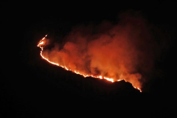 Api membakar hutan di Gunung Sumbing wilayah Batursari, Kledung, Temanggung, Jawa Tengah, Kamis (22/10/2026). Badan Penanggulangan Bencana Daerah (BPBD) setempat telah menerjunkan sedikitnya 80 personel untuk memadamkan kebakaran, namun hingga kini api belum berhasil dikendalikan dan kebakaran terus meluas.