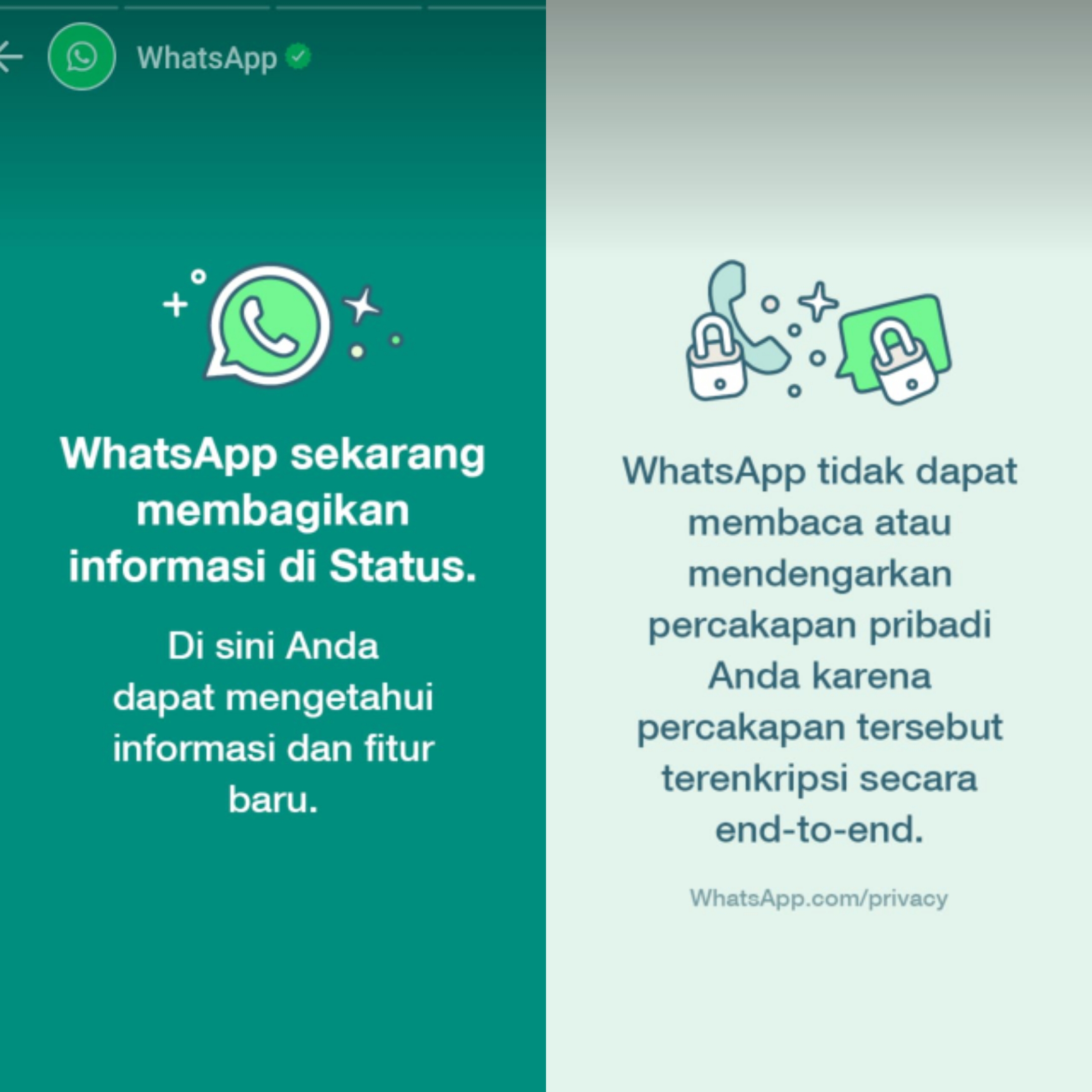 WhatsApp membuat status yang menjelaskan tentang fitur dan kebijakan baru, maupun informasi lainnya.