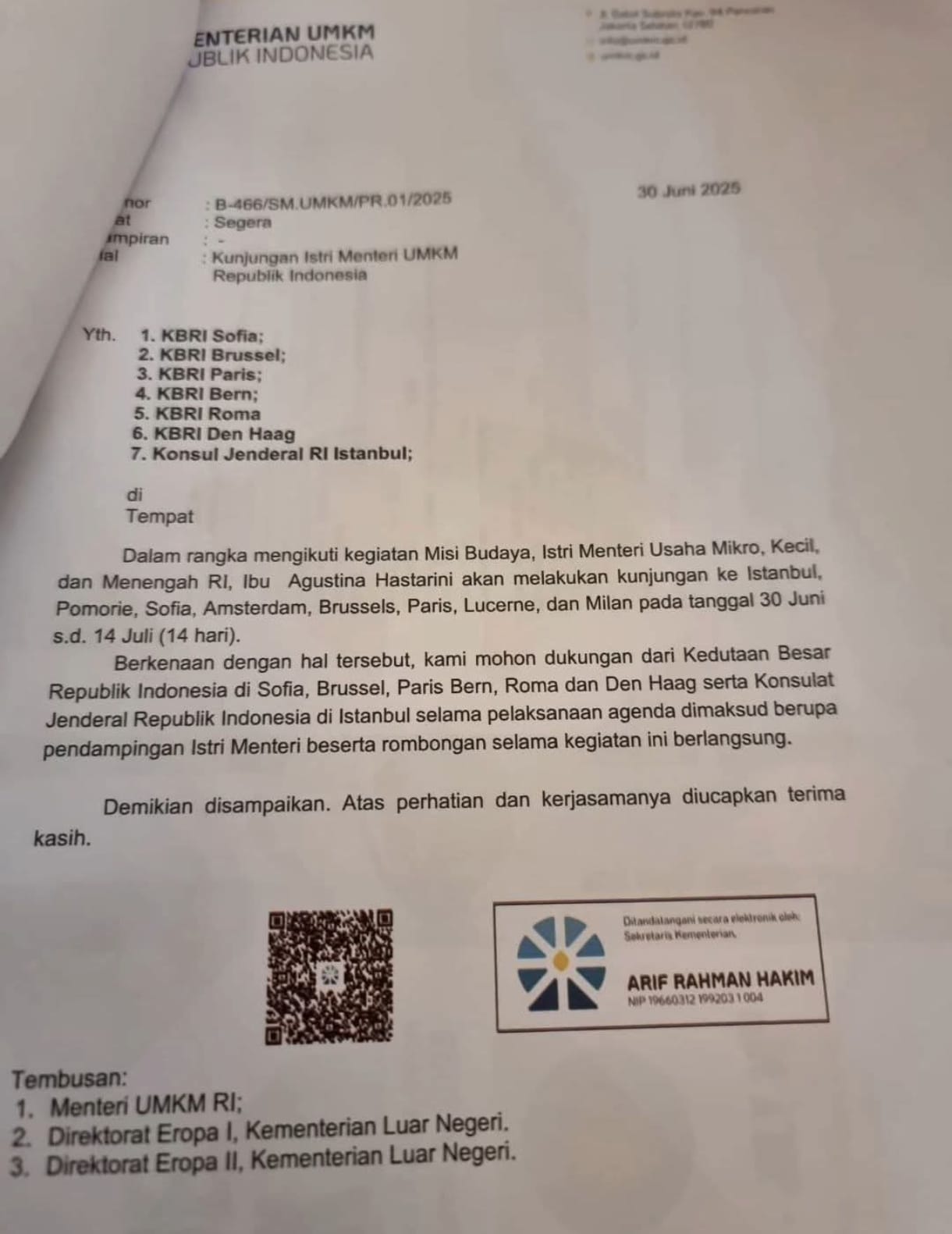 Viral Surat Kementerian Minta Kedubes Dampingi Istri Menteri UMKM Keliling Eropa - Industri Katadata.co.id