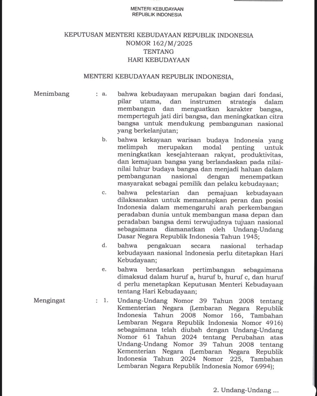 Screenshot Surat Keputusan Menteri Kebudayaan Nomor 162/M/2025 (halaman 1)