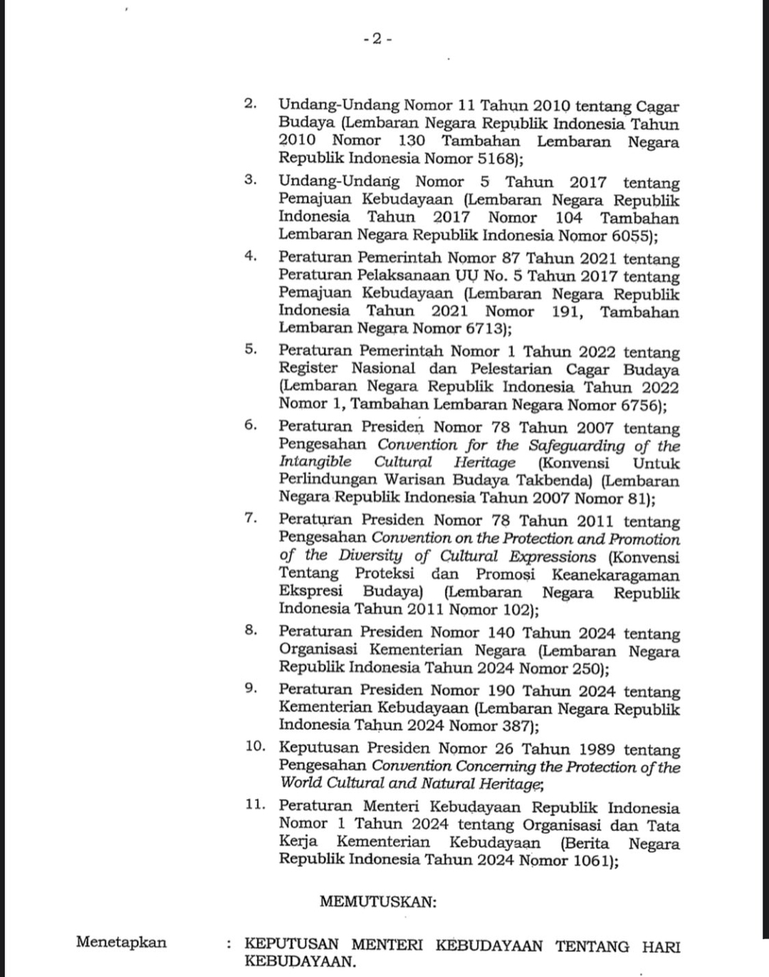 Screenshot Surat Keputusan Menteri Kebudayaan Nomor 162/M/2025 (halaman 2)