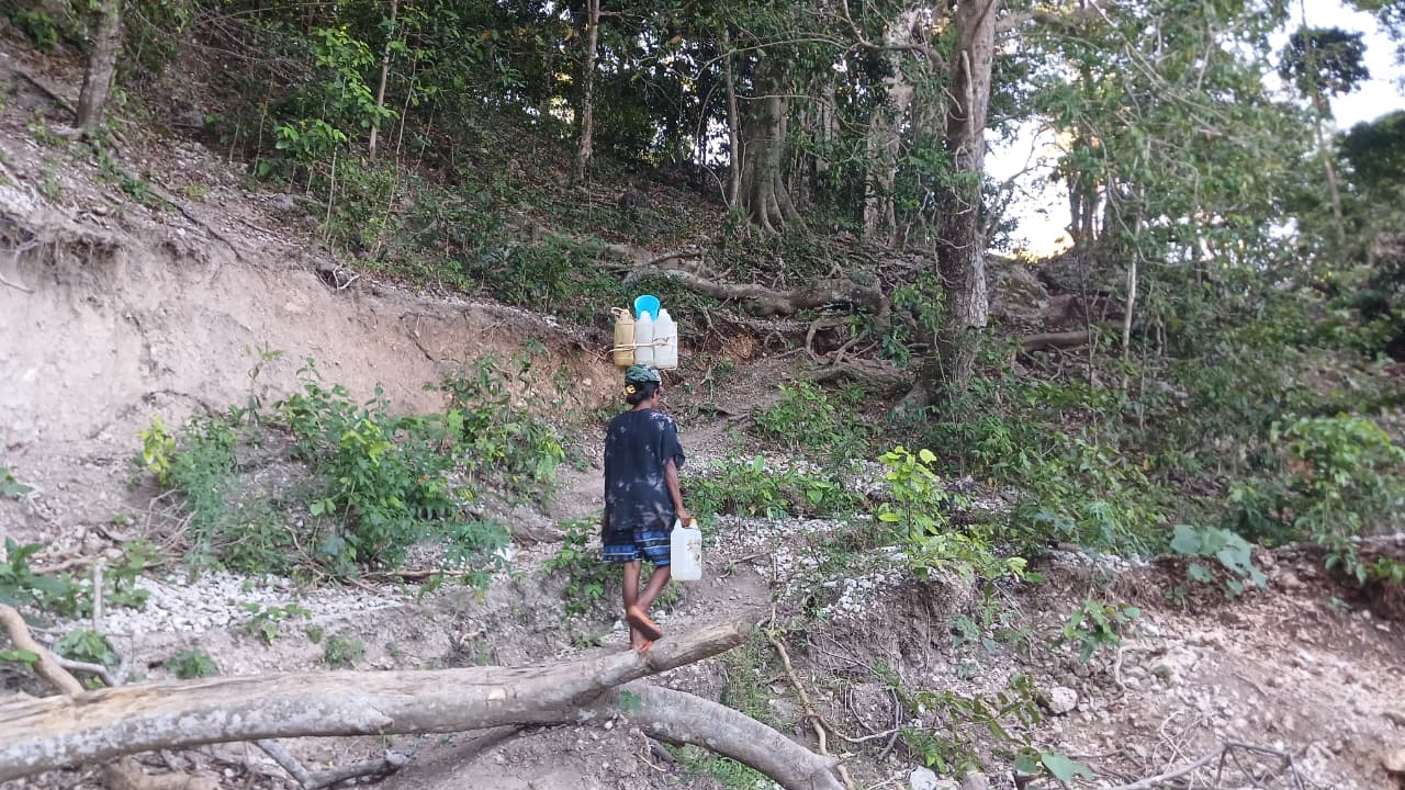 Warga Desa Nauka Kusa, Nusa Tenggara Timur, menggotong air