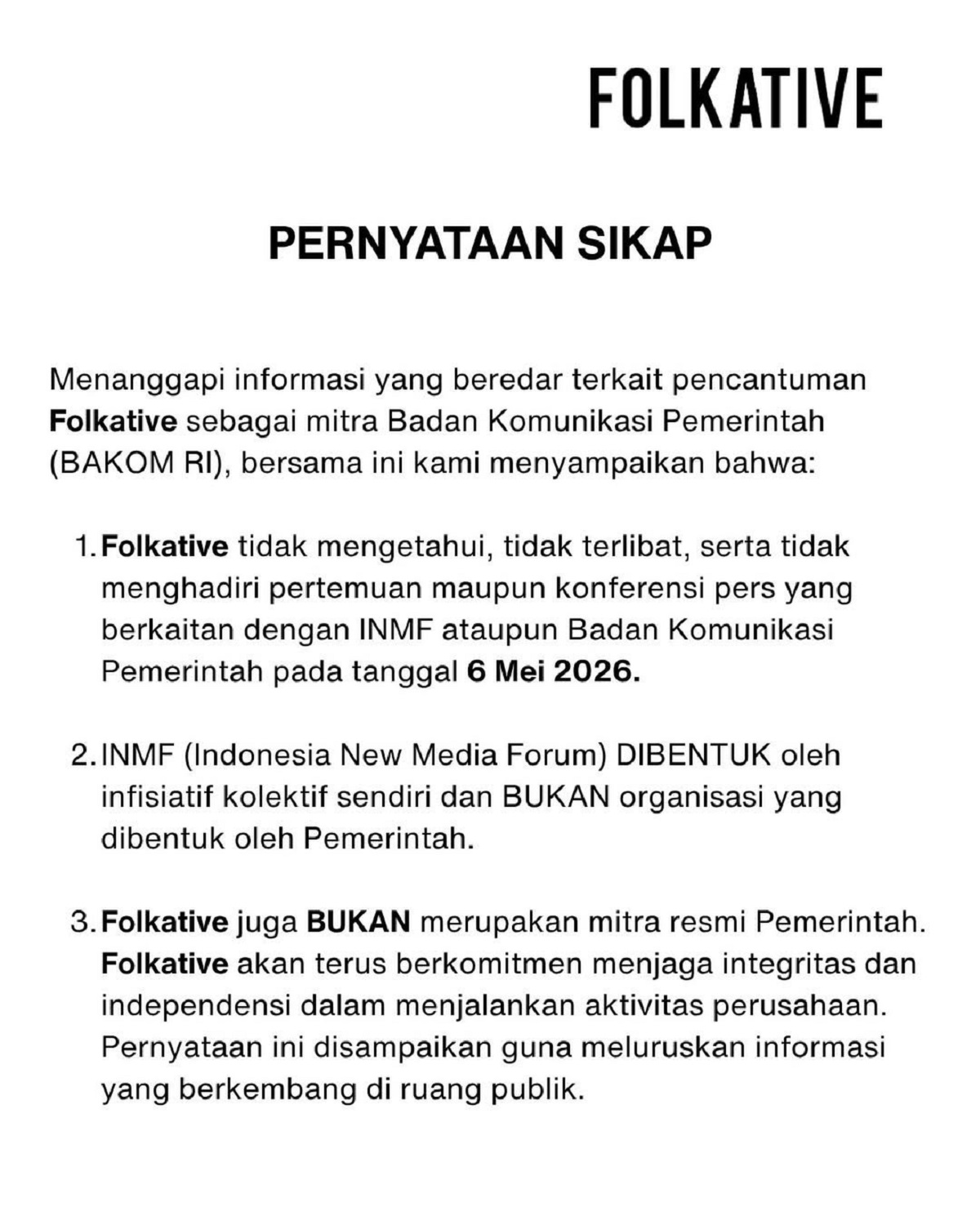 Pernyataan sikap Folkative usai pernyataan Kepala Bakom Muhammad Qodari.