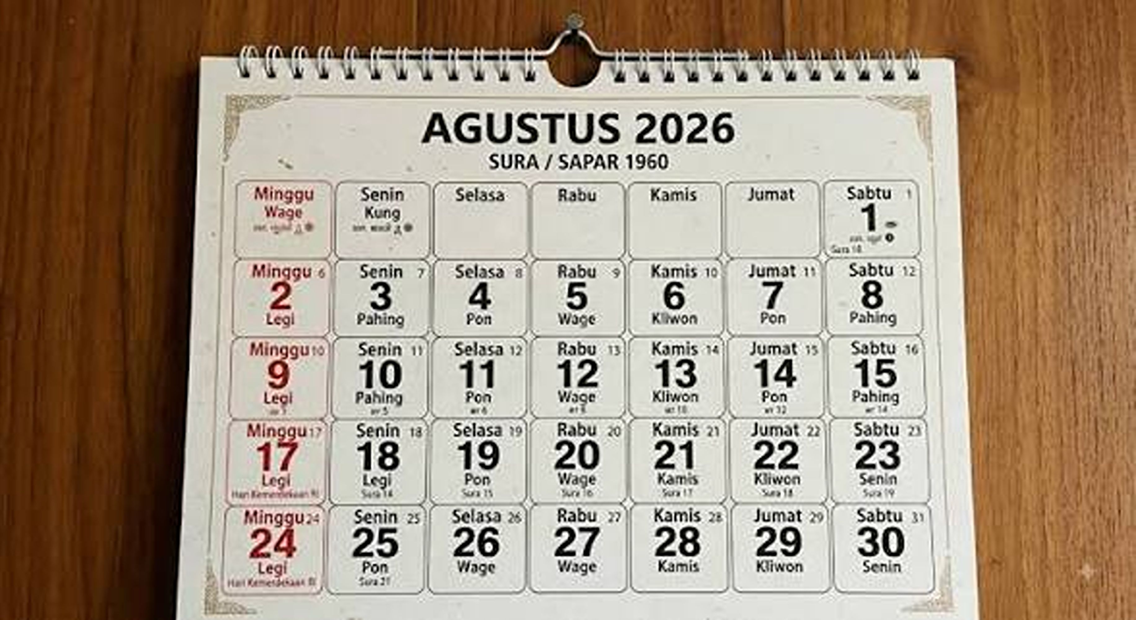 Kalender Jawa 17 Agustus 2026 Lengkap dengan Weton