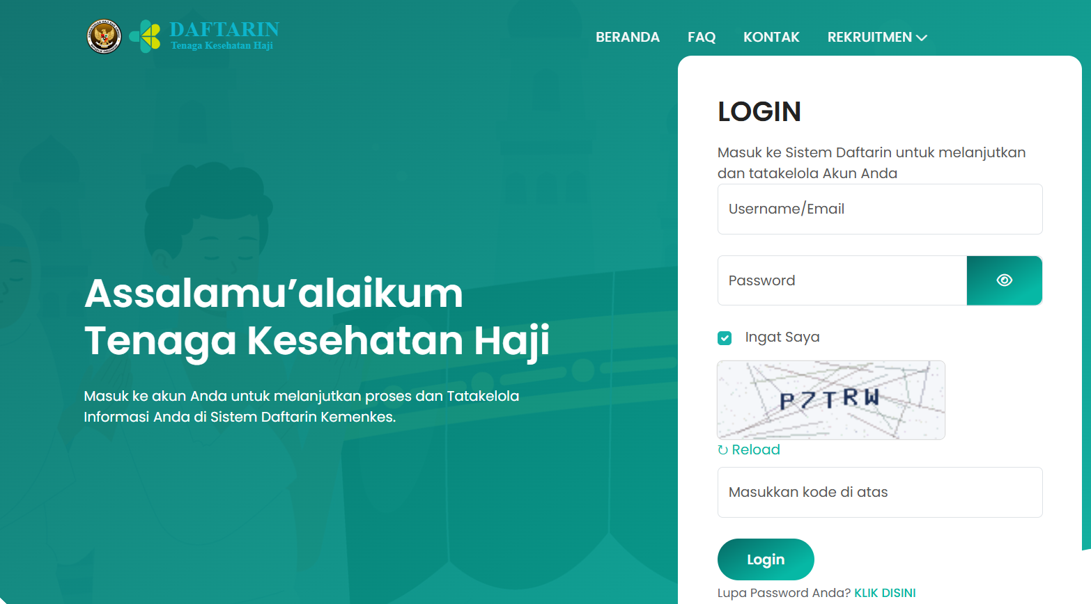 Tampilan halaman login Sistem Daftarin Tenaga Kesehatan Haji Kemenkes untuk proses pendaftaran petugas kesehatan haji.