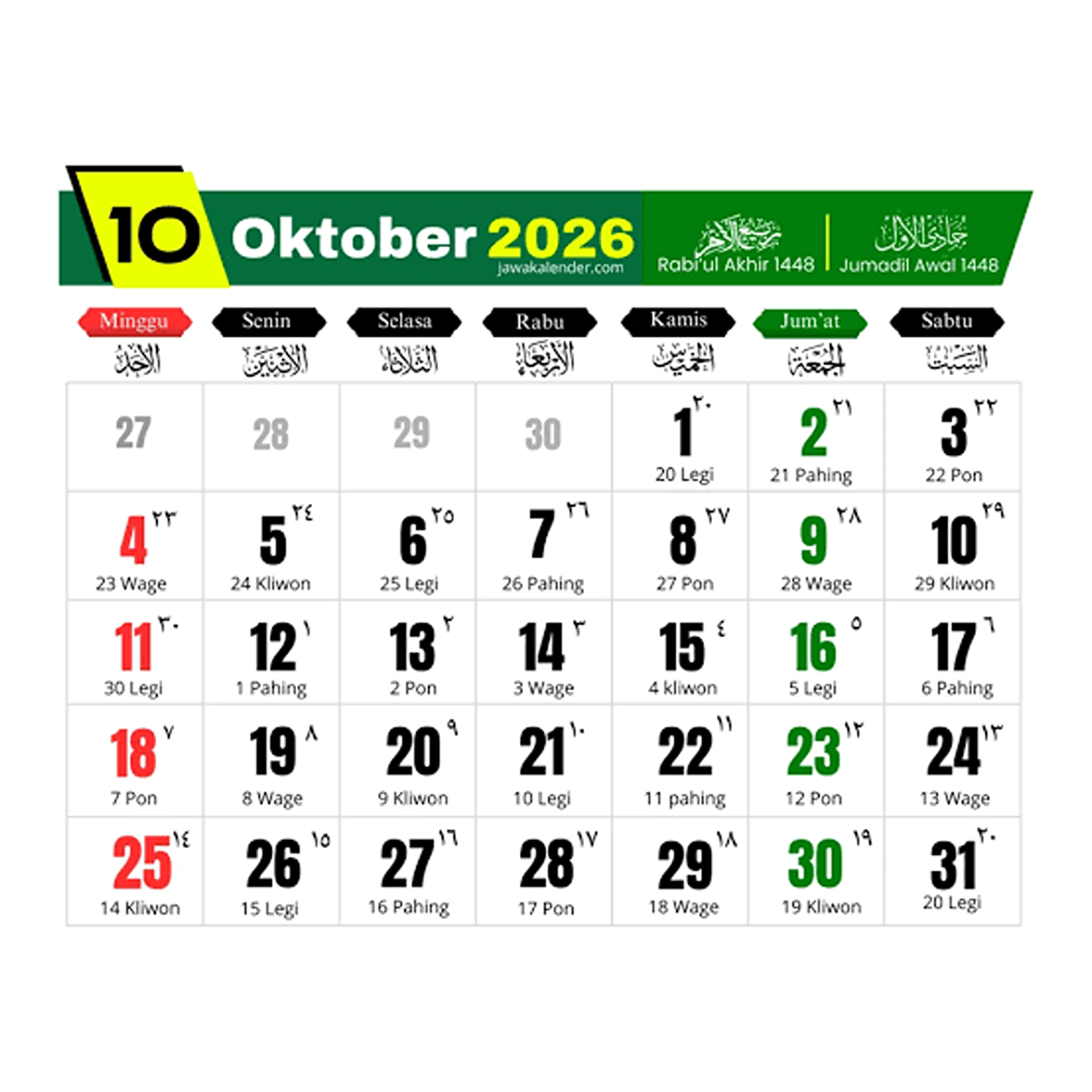 Kalender Jawa Oktober 2026