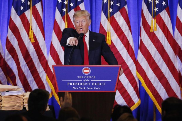 Presiden terpilih Amerika Serikat, Donald Trump, saat konferensi pers di Trump Tower, New York, 11 Januari 2017.