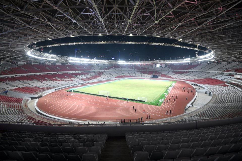 Suasana Stadion Utama Gelora Bung Karno, Jakarta, Sabtu (13/1) malam. Konser Blackpink disebut-sebut sebagai penyebab tertundanya laga Persija vs Persib. 