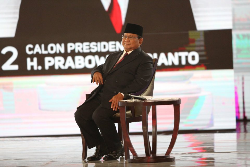 Capres nomor urut 02 Prabowo Subianto saat mengikuti Debat Capres Putaran Keempat di Hotel Shangri-La, Jakarta, Sabtu (30/3).Debat Capres ke-4 di Pilpres 2019 mengusung tema "Ideologi, Pemerintahan, Pertahanan dan Keamanan, serta Hubungan Internasional