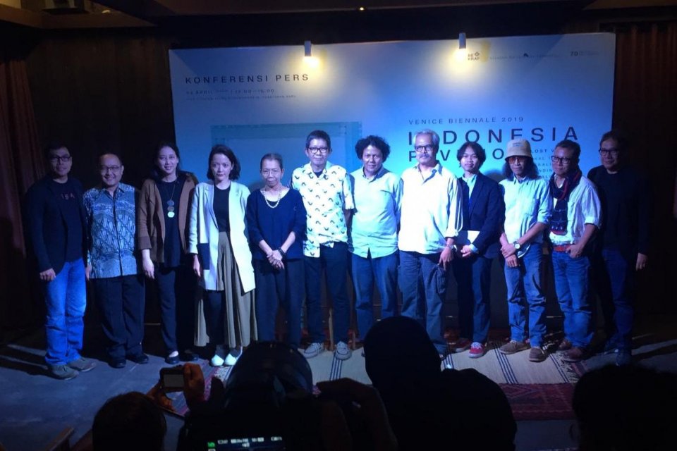 Konferensi pers keikutsertaan Indonesia dalam Venezia Biennale 2019 di Jakarta, Rabu (24/4).