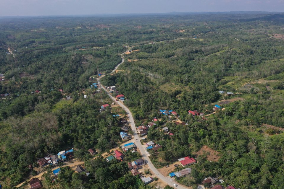 Foto aerial kawasan Kecamatan Sepaku, Penajam Paser Utara, Kalimantan Timur, Rabu (28/8/2019). 