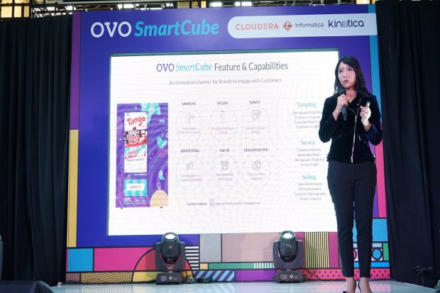 Chief Data Officer OVO Vira Shanty saat menyampaikan data dari OVO Smartcube. Unicorn Tanah Air, PT Visionet Internasional (OVO) meluncurkan mesin jual otomatis berbasis digital (smart vending machine), bernama OVO Smartcube. 