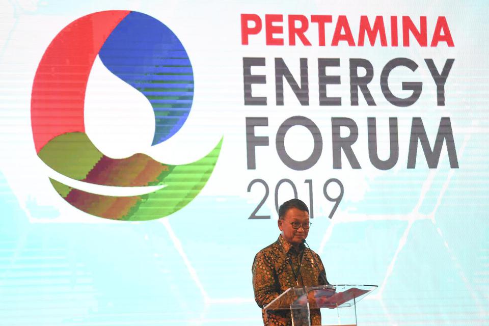 Menteri ESDM Arifin Tasrif memberikan sambutan saat pembukaan Pertamina Energy Forum 2019 di Jakarta, Selasa (26/11/2019). Dalam kesempatan tersebut, Arifin mendorong Pertamina meningkatkan produksi migas. 