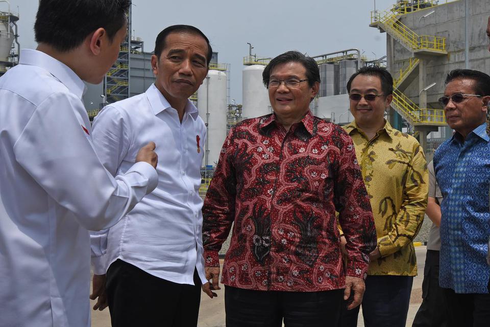 Presiden Joko Widodo (kedua kiri) didampingi Founder PT Chandra Asri Petrochemical Tbk (CAP) Prajogo Pangestu (kedua kanan), Komisaris CAP Agus Salim Pangestu (kedua kanan) dan Preskom CAP Djoko Suyanto (kanan) mendengar penjelasan dari Presiden Direktur 