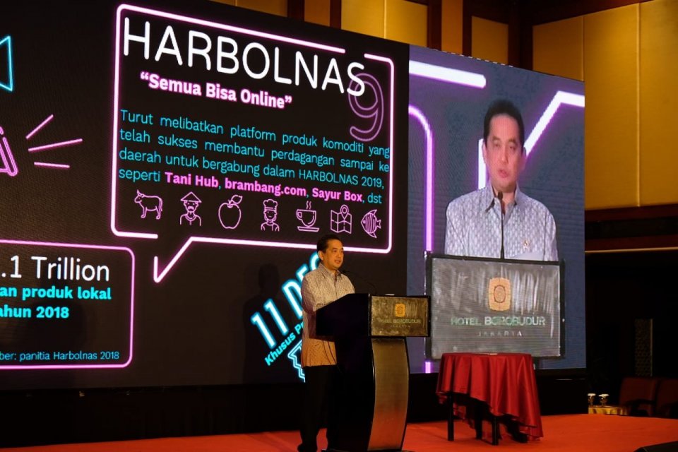 Menteri Perdagangan Agus Suparmanto saat menghadiri peluncuran Harbolnas 2019 di Jakarta, hari ini (9/12).