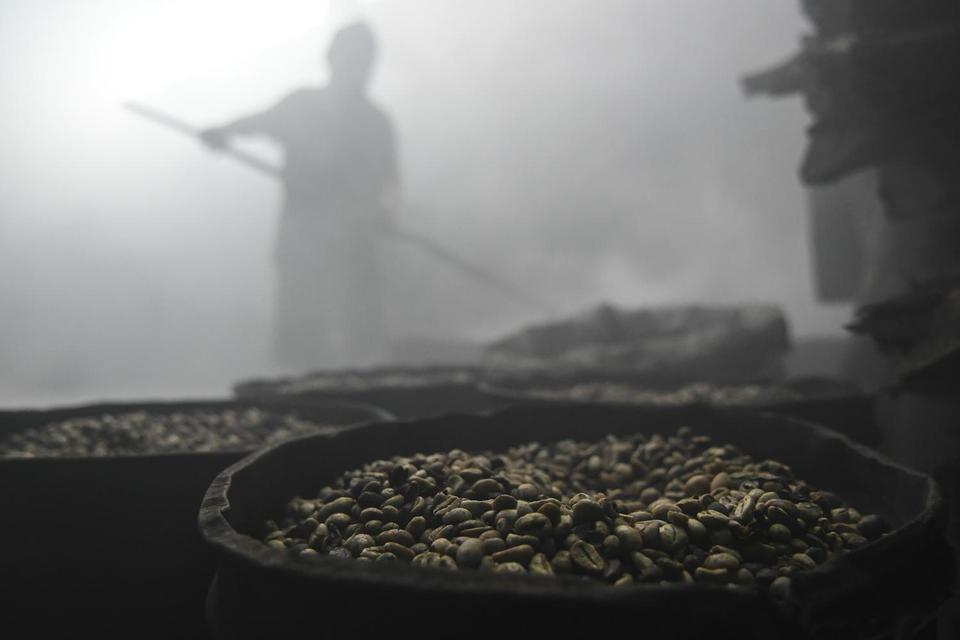 Pekerja memindahkan biji kopi yang baru disangrai di pabrik penggilingan kopi 'Sendok Mas' di Plaju Palembang, Sumatera Selatan, Kamis (30/1/2020). Untuk meningkatkan penyaluran Kredit Usaha Rakyat (KUR), Pemerintah menurunkan bunga KUR dari tujuh perse